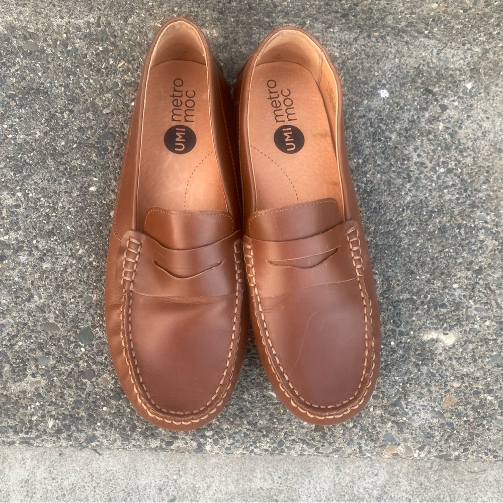 UMI Metro Moc Brown Leather Penny Loafers Size 6 Arch Support Comfort Shoes EUC